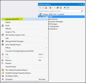 Screenshot of Visual Studio Solution Explorer showing the option to add a new BIML file under the &lsquo;BIML Test&rsquo; project.