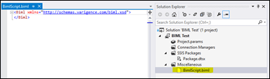 Screenshot of a Visual Studio interface showing a BIML script file titled &lsquo;BimScript.biml&rsquo; open on the left and the Solution Explorer on the right, highlighting the BIML Test project structure.