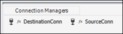 Screenshot of Connection Managers in Visual Studio displaying DestinationConn and SourceConn.