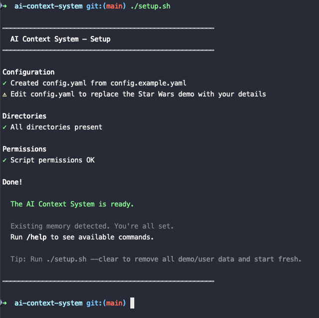 Terminal output from setup.sh after a fresh clone