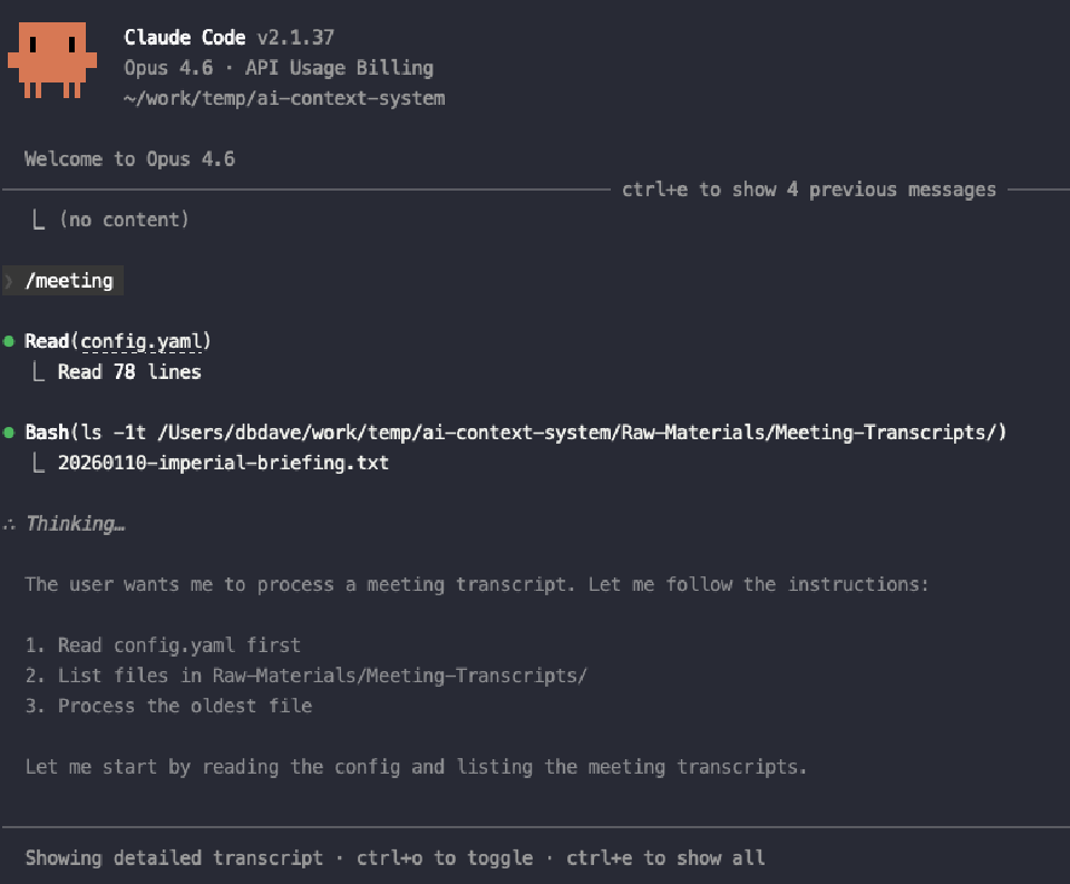 Claude Code running /meeting on a sample transcript